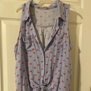 Crabby button down blue sleeveless shirt great for summer